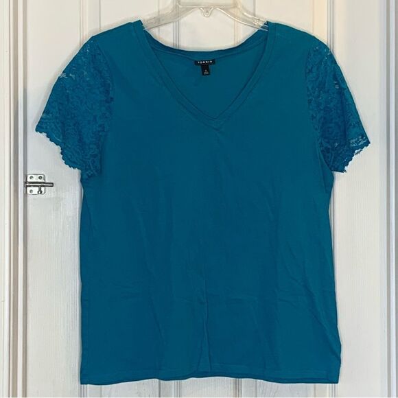 Torrid V Neck Lace Sleeve Raglan Top - Teal color Size Large - Picture 1 of 10